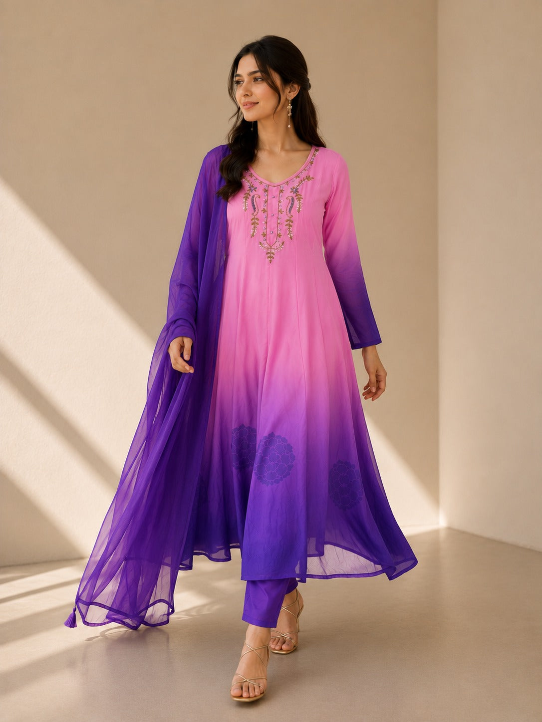 Pink & Royal Purple Ombre Embroidered Anarkali Suit Set with Dupatta