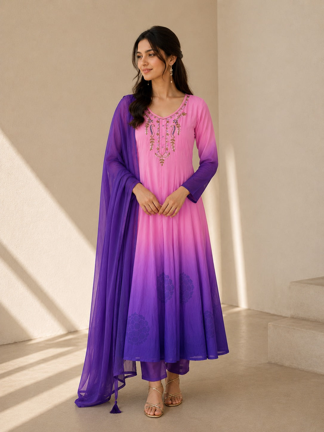 Pink & Royal Purple Ombre Embroidered Anarkali Suit Set with Dupatta