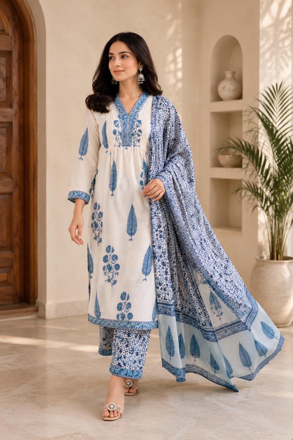 Ivory & Blue Floral Printed Kurta Set with Matching Dupatta