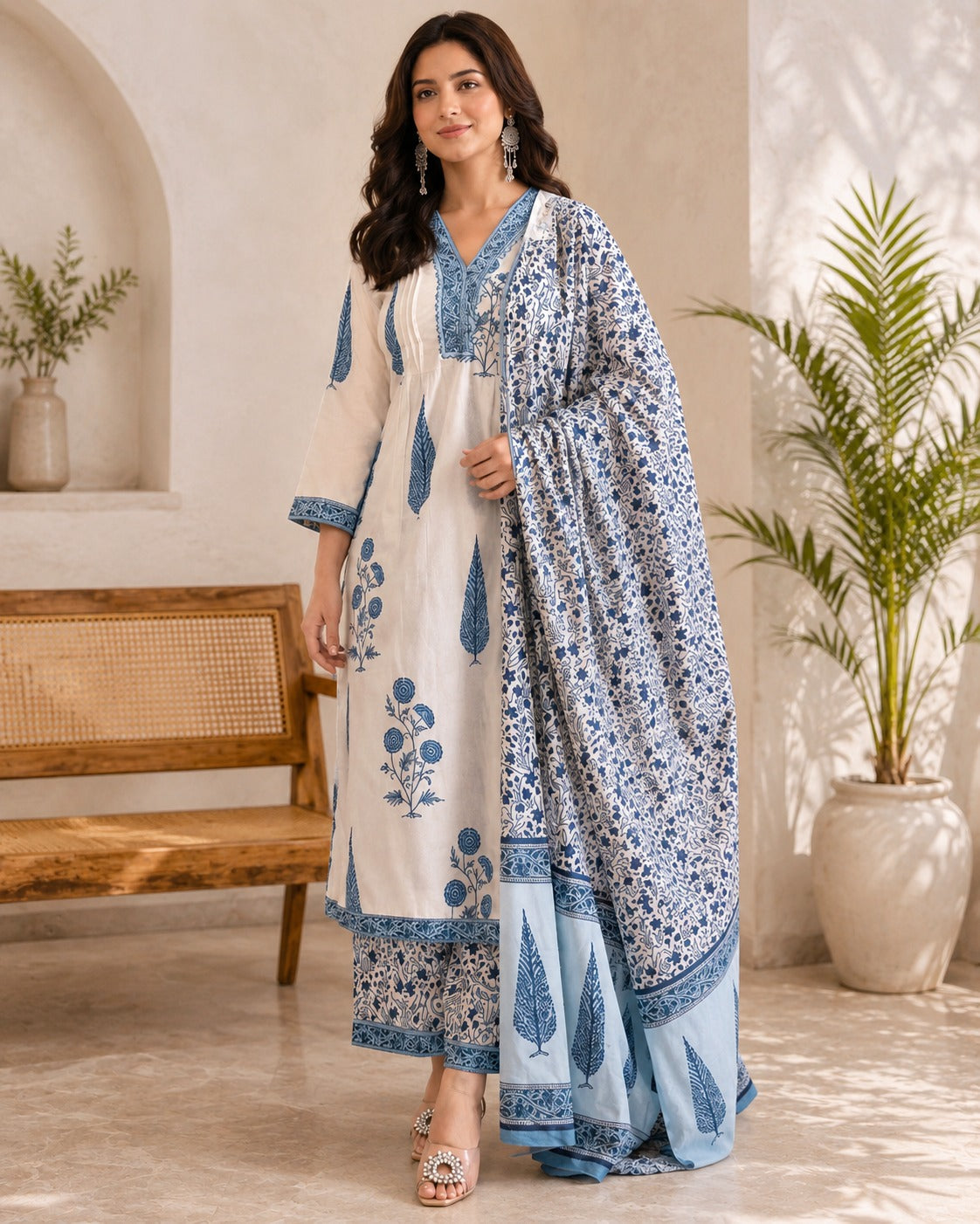 Ivory & Blue Floral Printed Kurta Set with Matching Dupatta