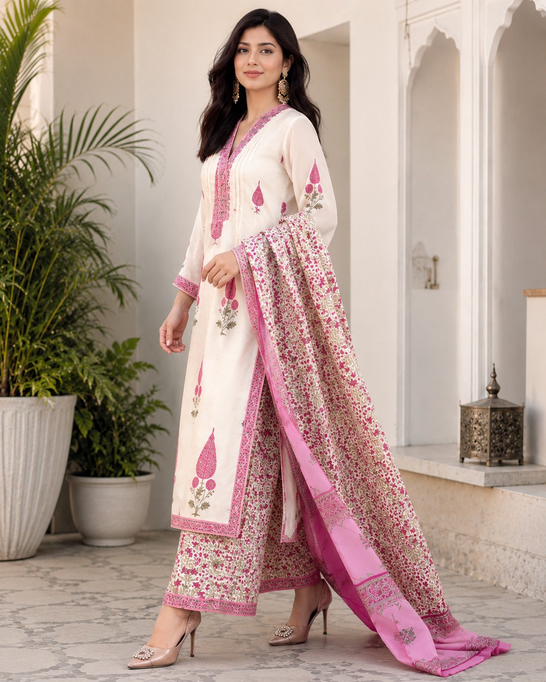 Ivory & Pink Floral Printed Kurta Set with Matching Dupatta