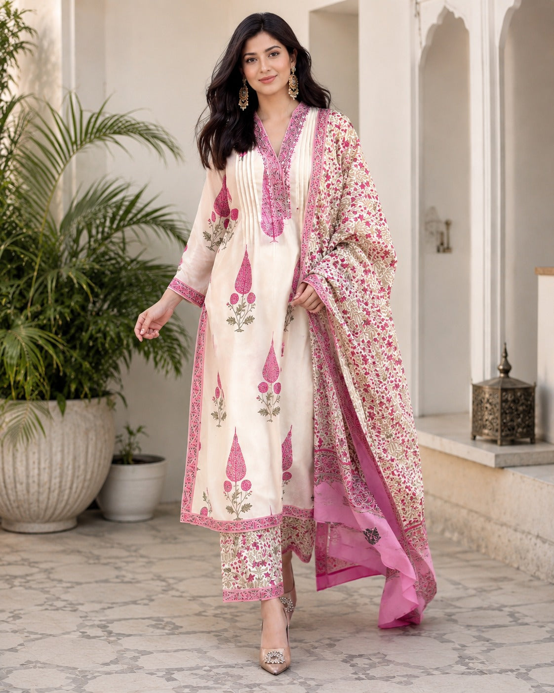 Ivory & Pink Floral Printed Kurta Set with Matching Dupatta