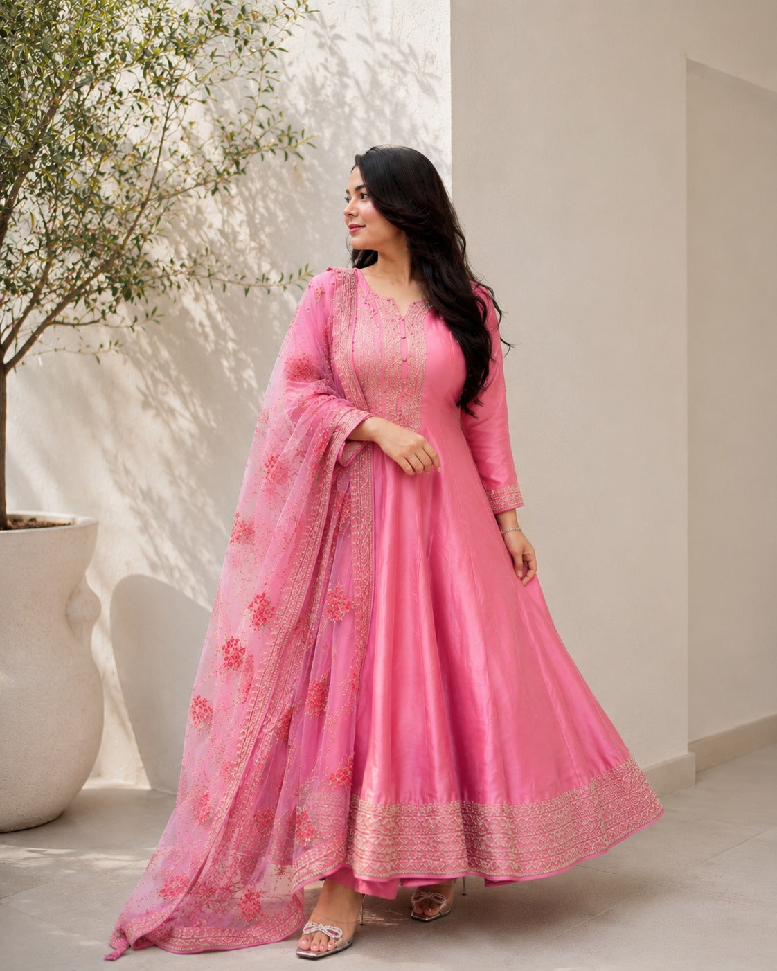 Pink Embroidered Anarkali Suit Set with Floral Net Dupatta