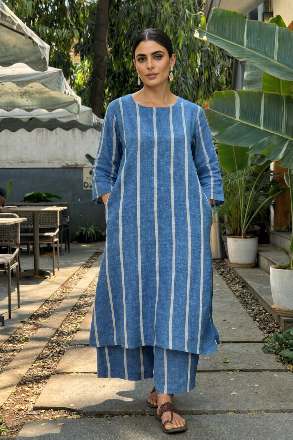 Minimal Stripe Straight Kurta Set with Relaxed Pants