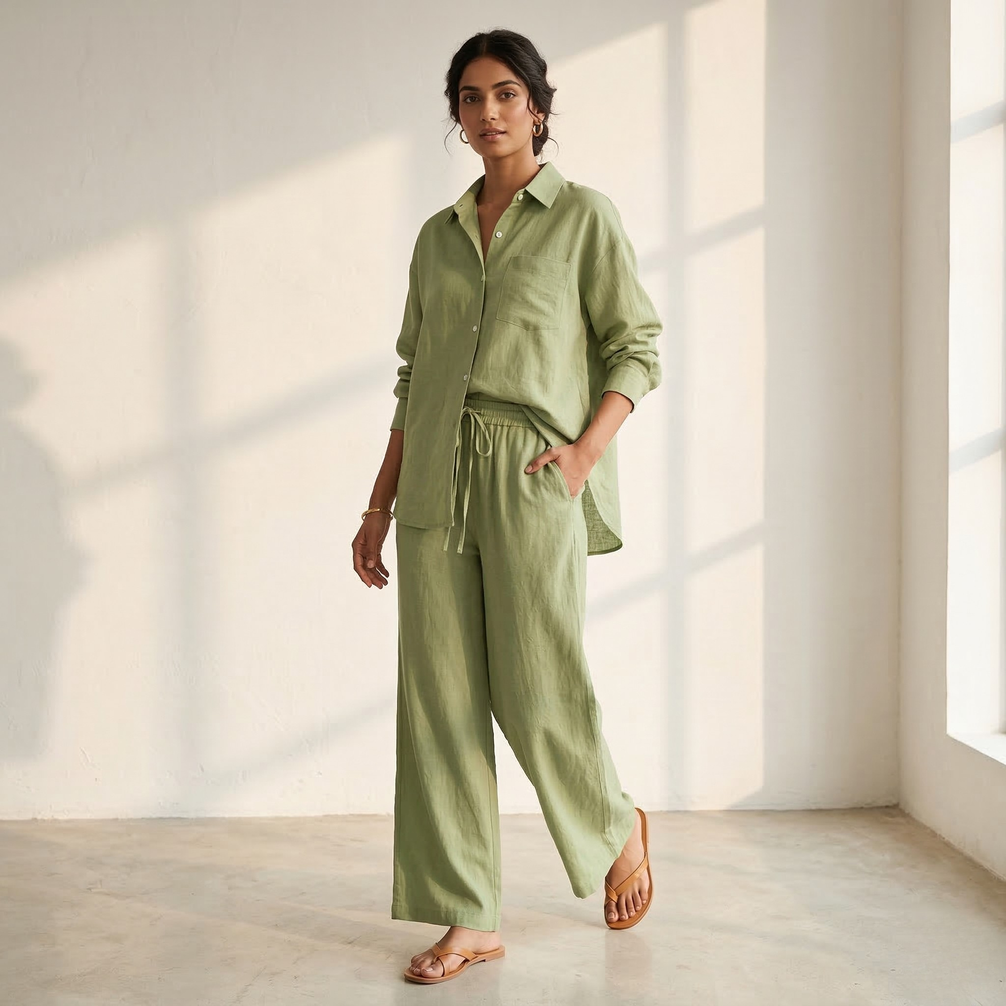 Fashionable Women's Slacks High Waist Cotton Shirt Suit