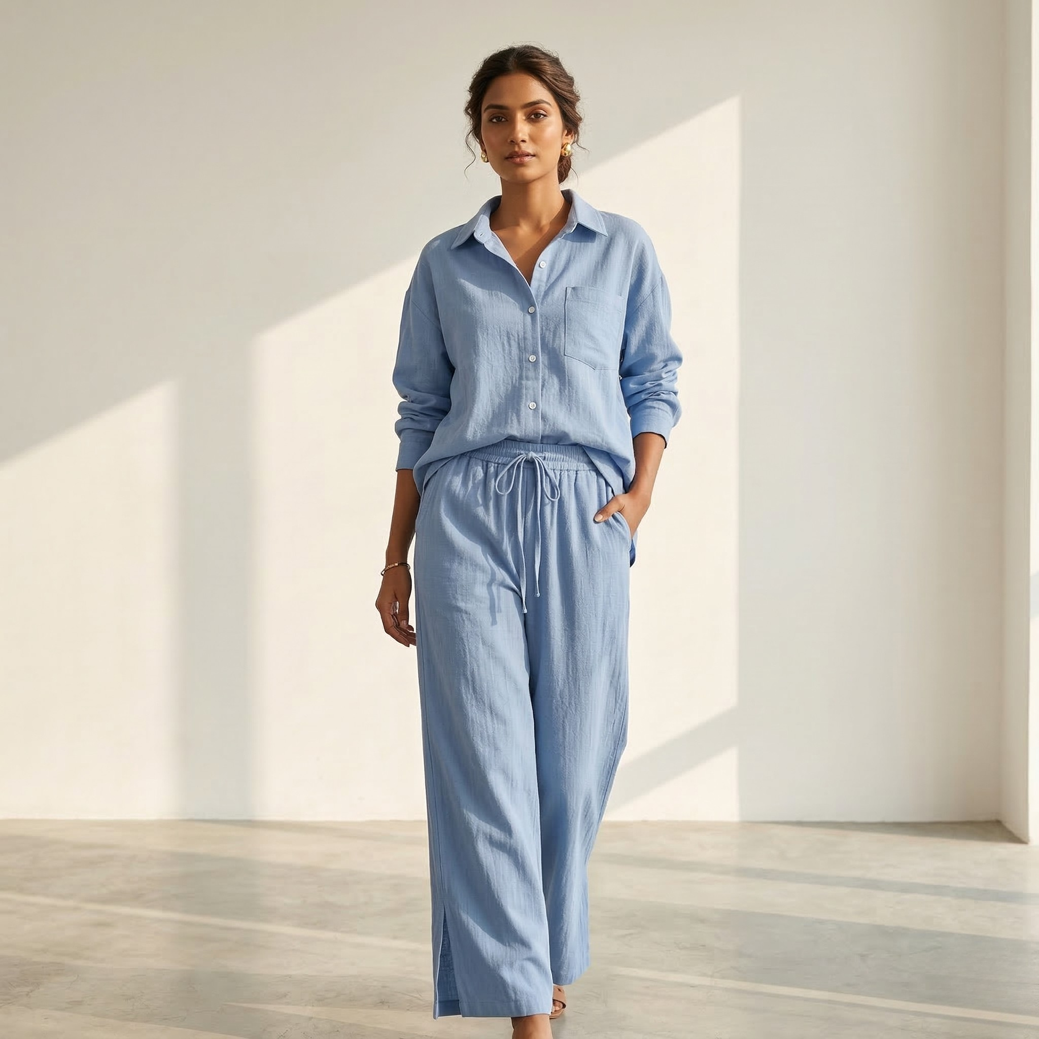 Fashionable Women's Slacks High Waist Cotton Shirt Suit