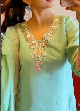 Pastel Green Straight Kurta with Pant & Organza Dupatta