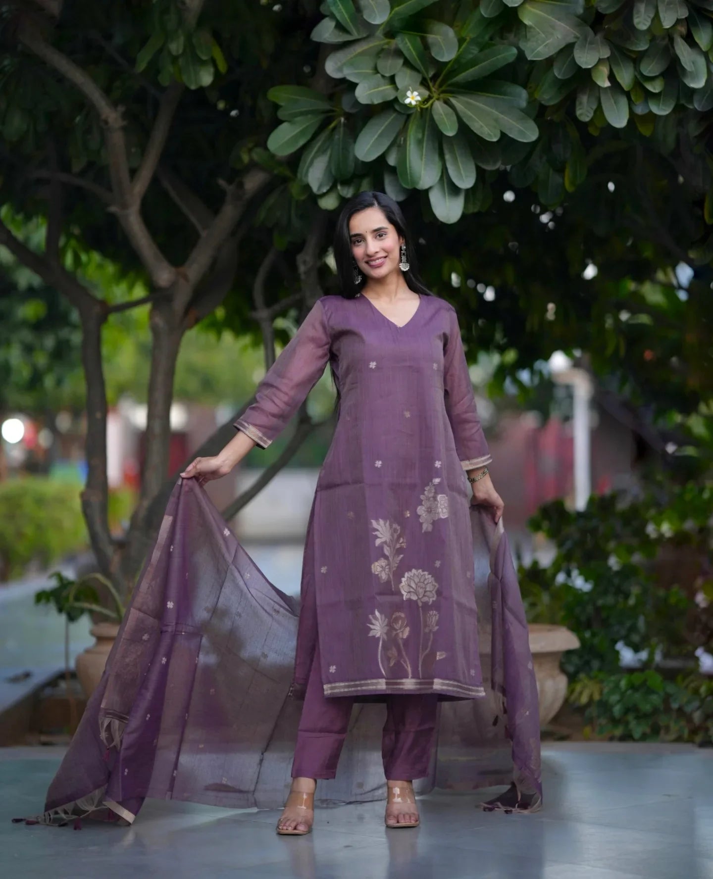 Elegant Mauve Purple Kurta Pant Set with Floral Print & Sheer Dupatta
