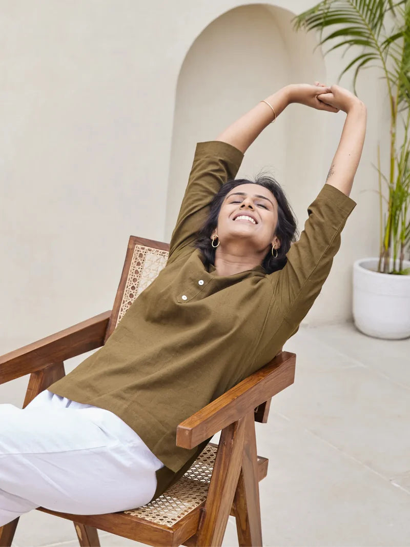 Mehandi Green  Airy Linen Short Kurta
