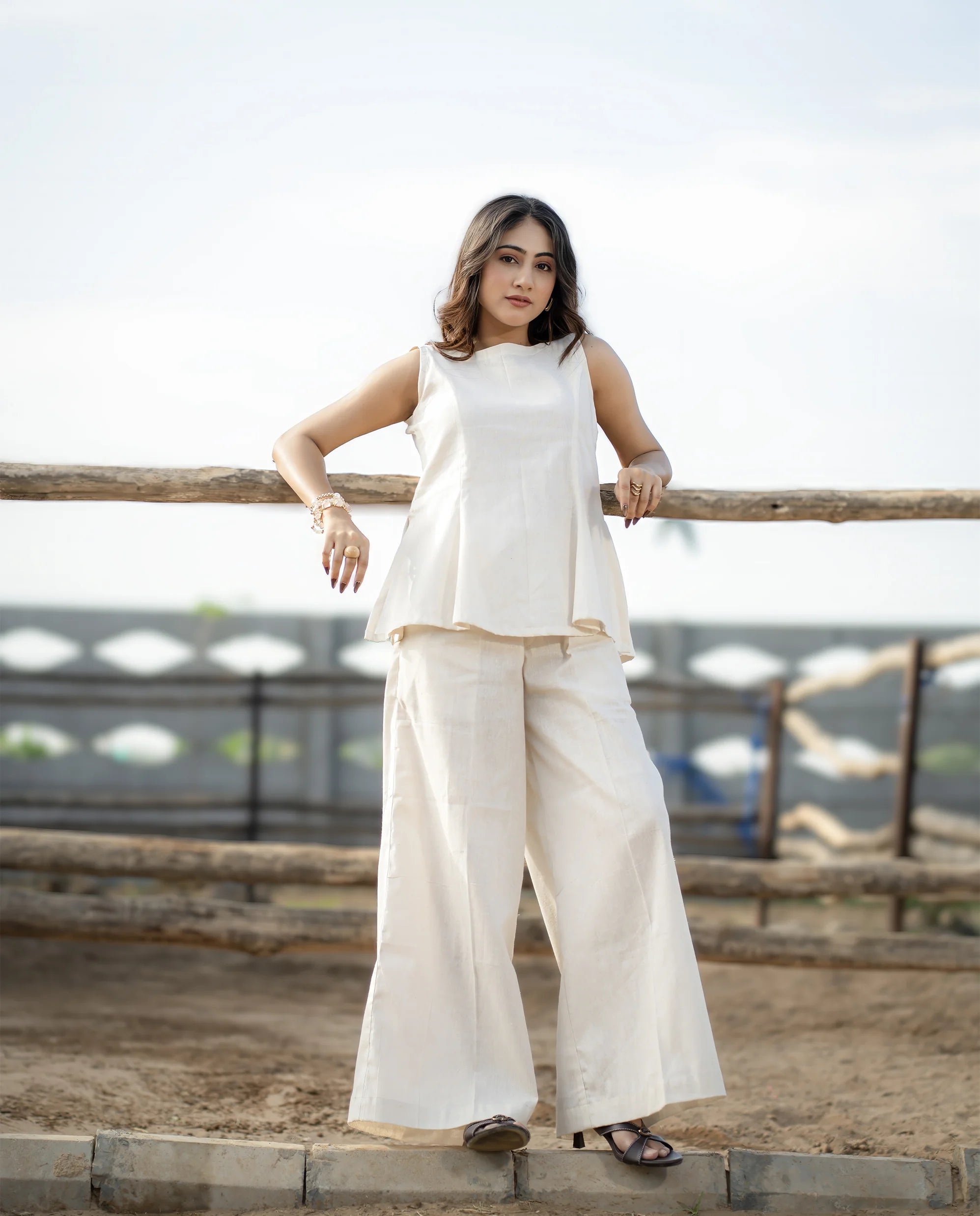 Elegant Ivory Linen Co-ord Set for Women | Sleeveless Top with Wide-Leg Pants