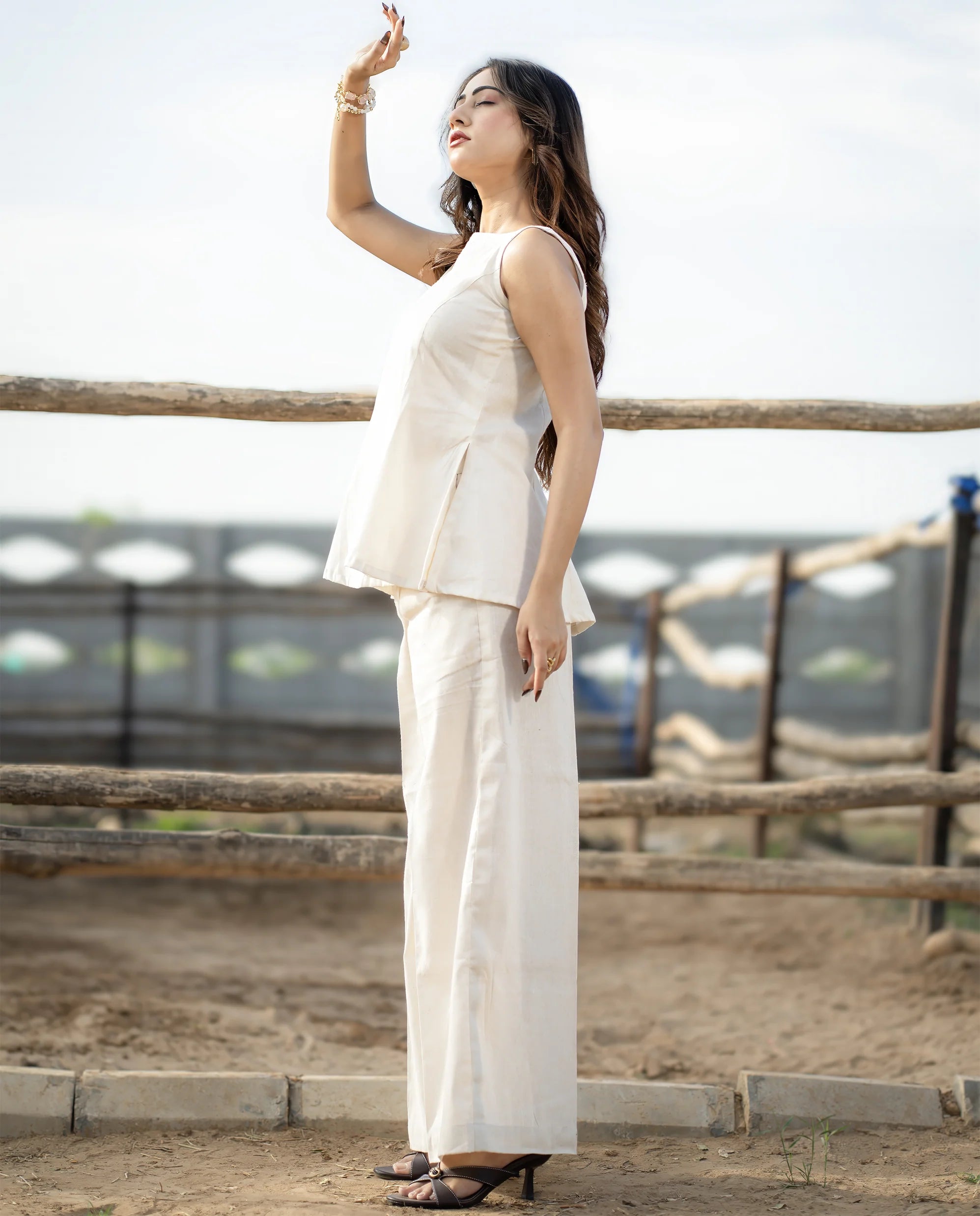 Elegant Ivory Linen Co-ord Set for Women | Sleeveless Top with Wide-Leg Pants