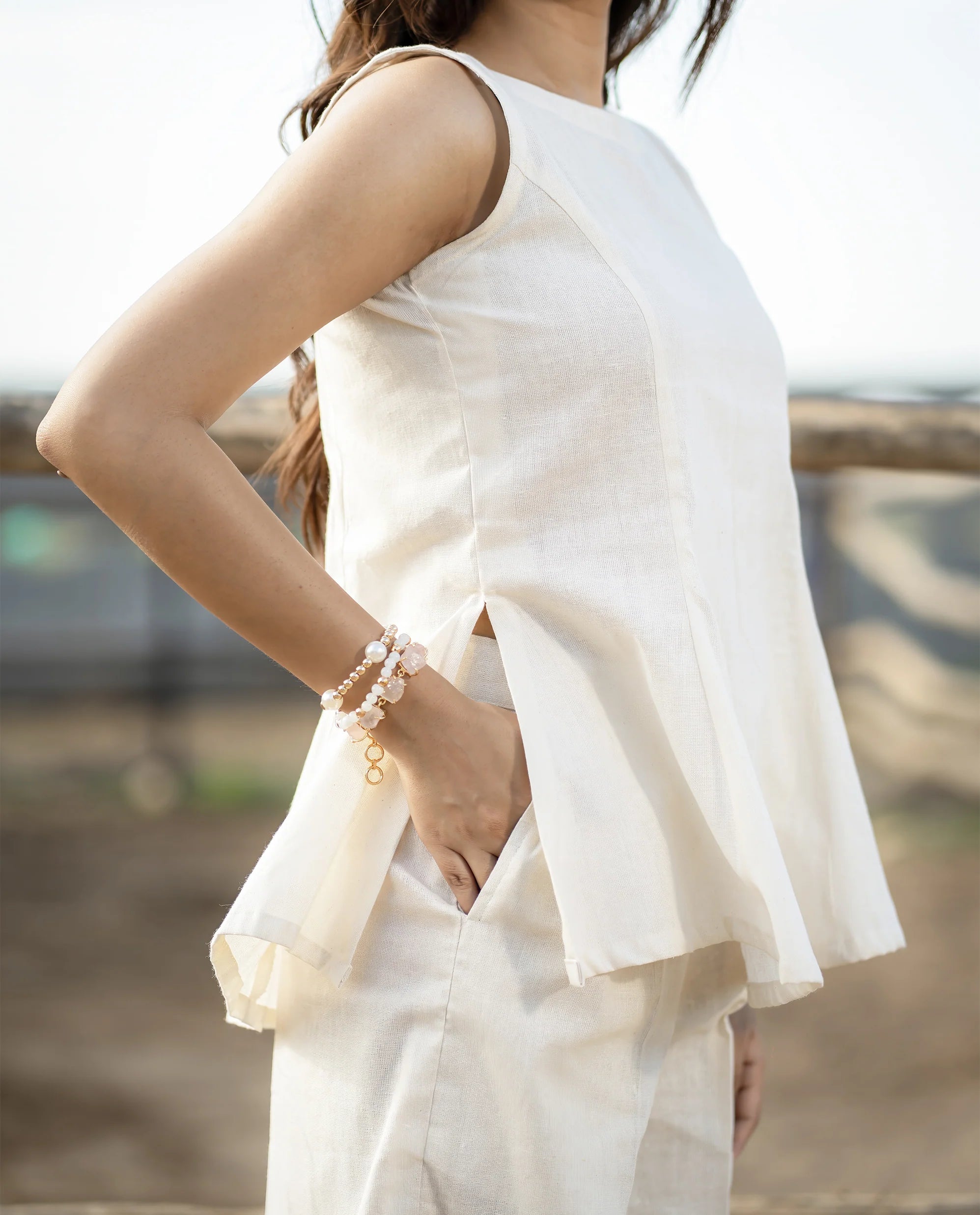 Elegant Ivory Linen Co-ord Set for Women | Sleeveless Top with Wide-Leg Pants