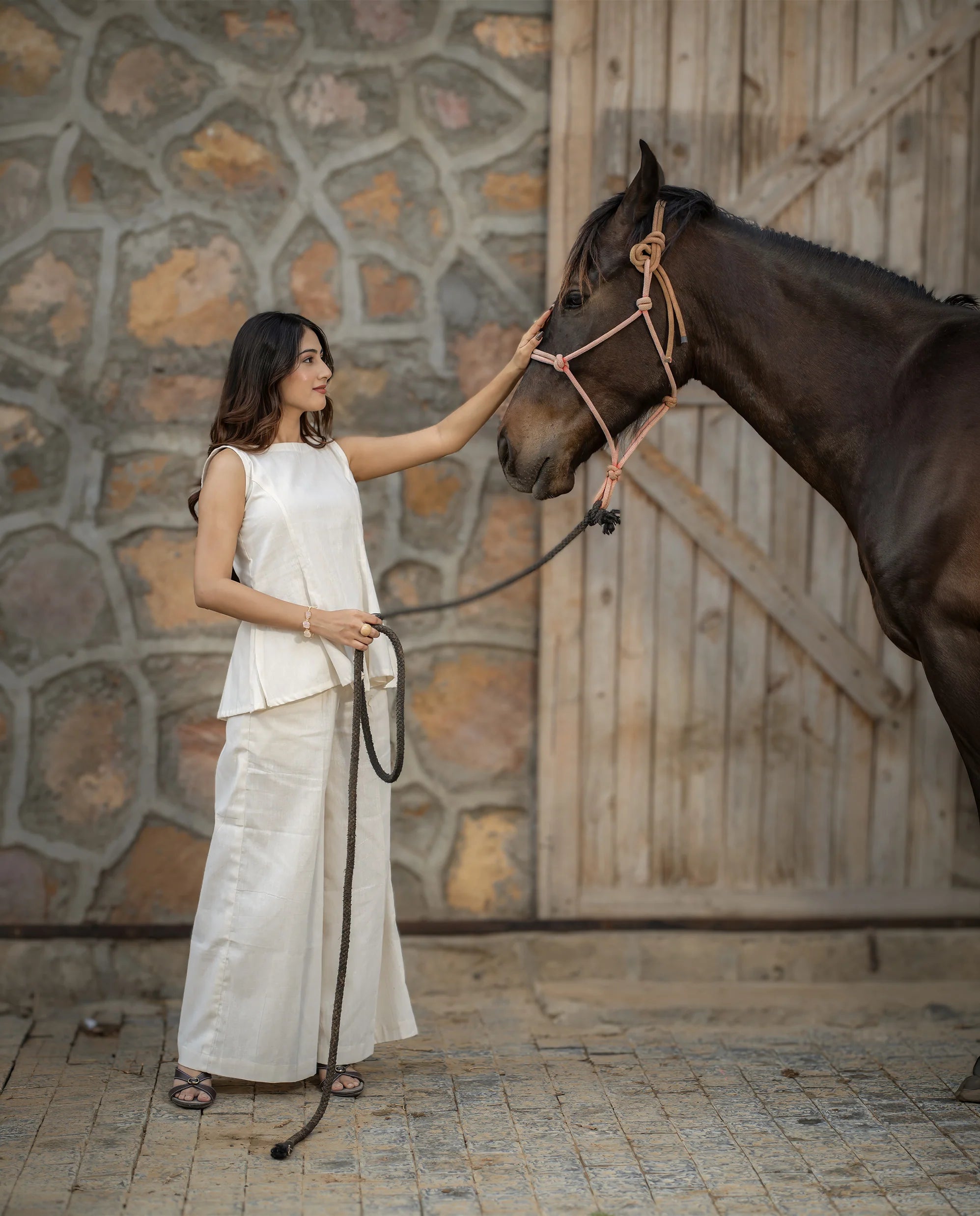 Elegant Ivory Linen Co-ord Set for Women | Sleeveless Top with Wide-Leg Pants