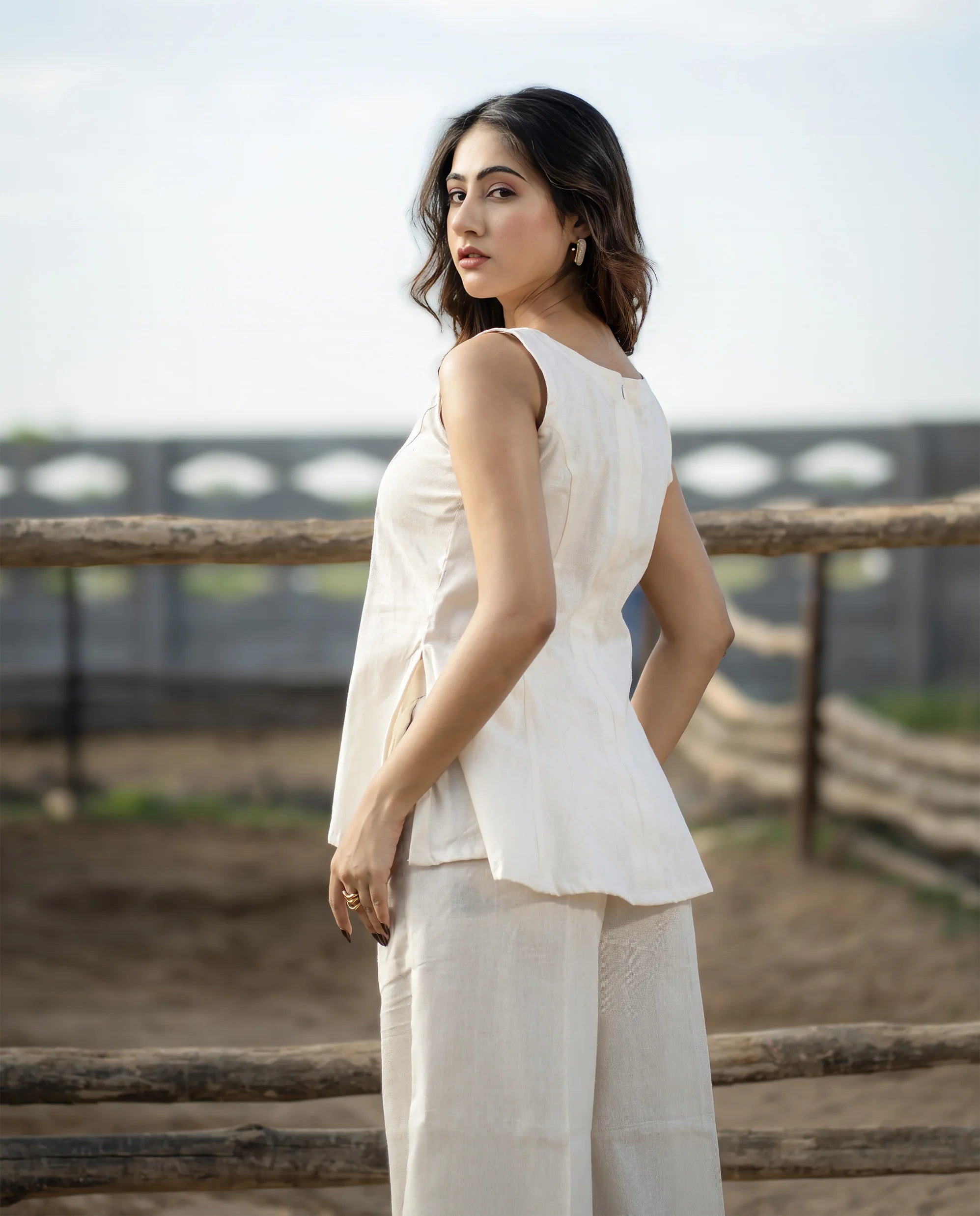 Elegant Ivory Linen Co-ord Set for Women | Sleeveless Top with Wide-Leg Pants