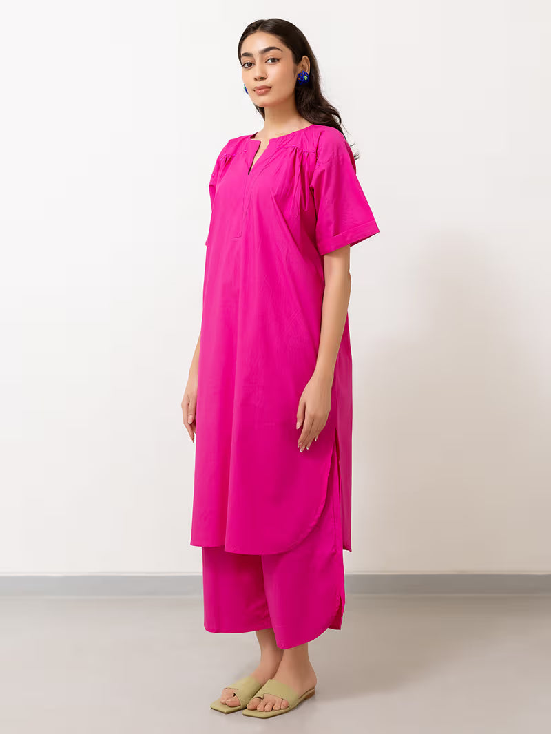 Pink Cotton Poplin Kurta with Pants- Set of 2