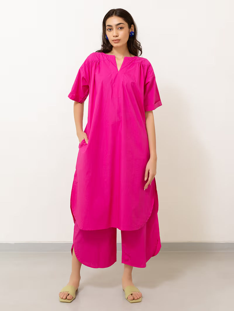Pink Cotton Poplin Kurta with Pants- Set of 2