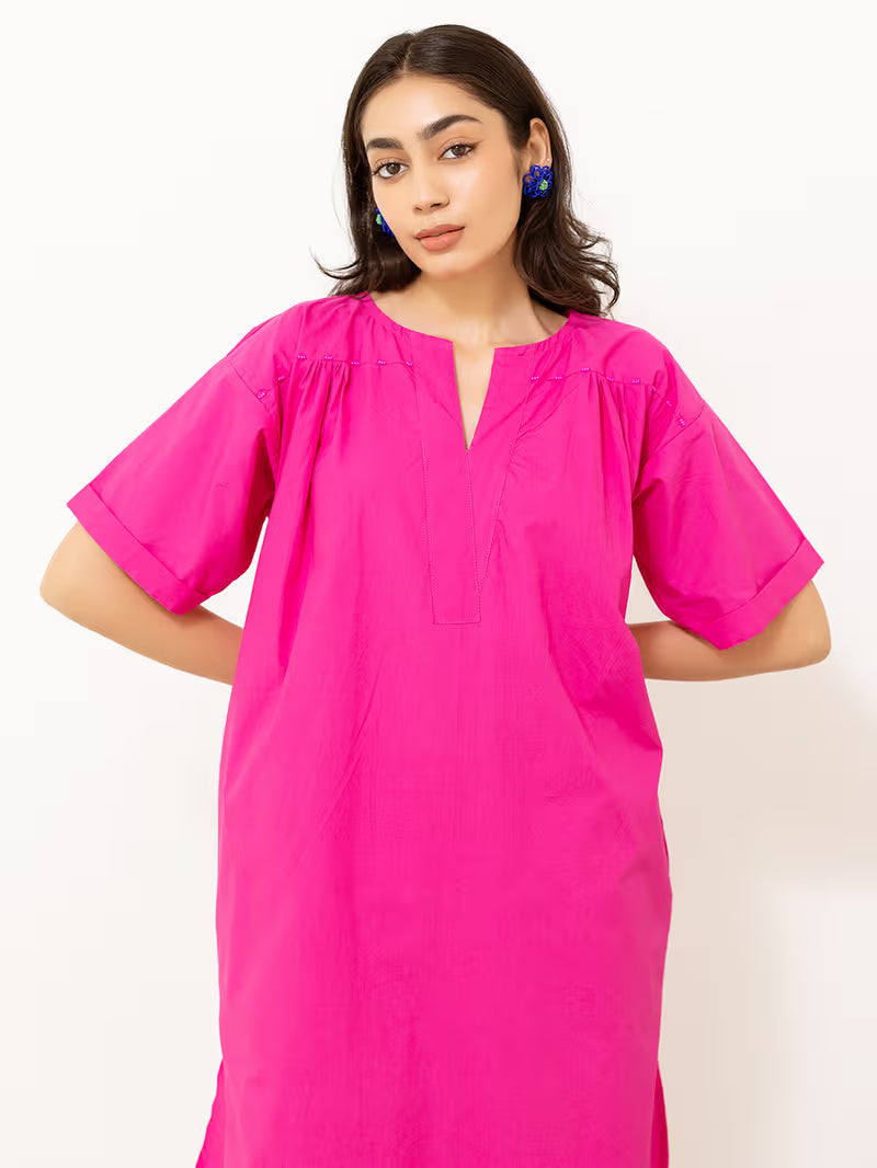 Pink Cotton Poplin Kurta with Pants- Set of 2