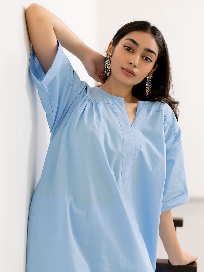 Light Blue Cotton Poplin Kurta with Pants- Set of 2