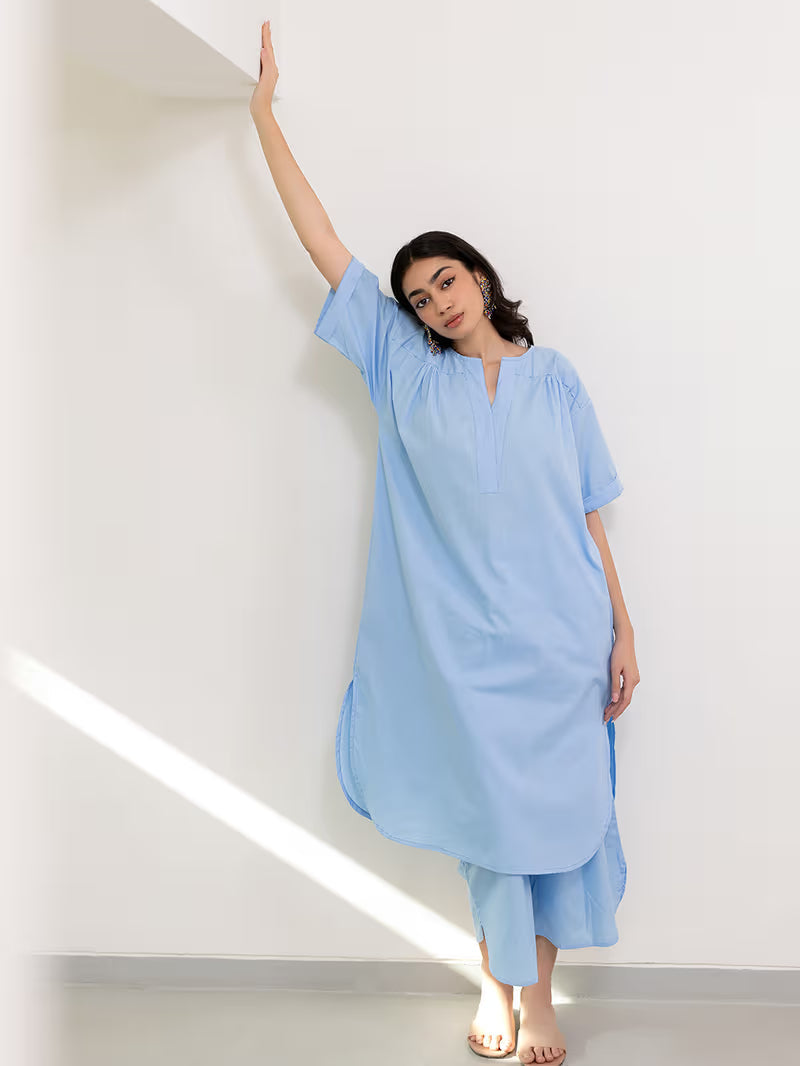 Light Blue Cotton Poplin Kurta with Pants- Set of 2