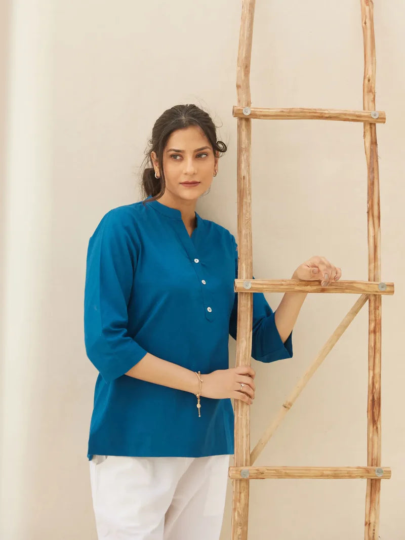 Turquoise  Airy Linen Short Kurta