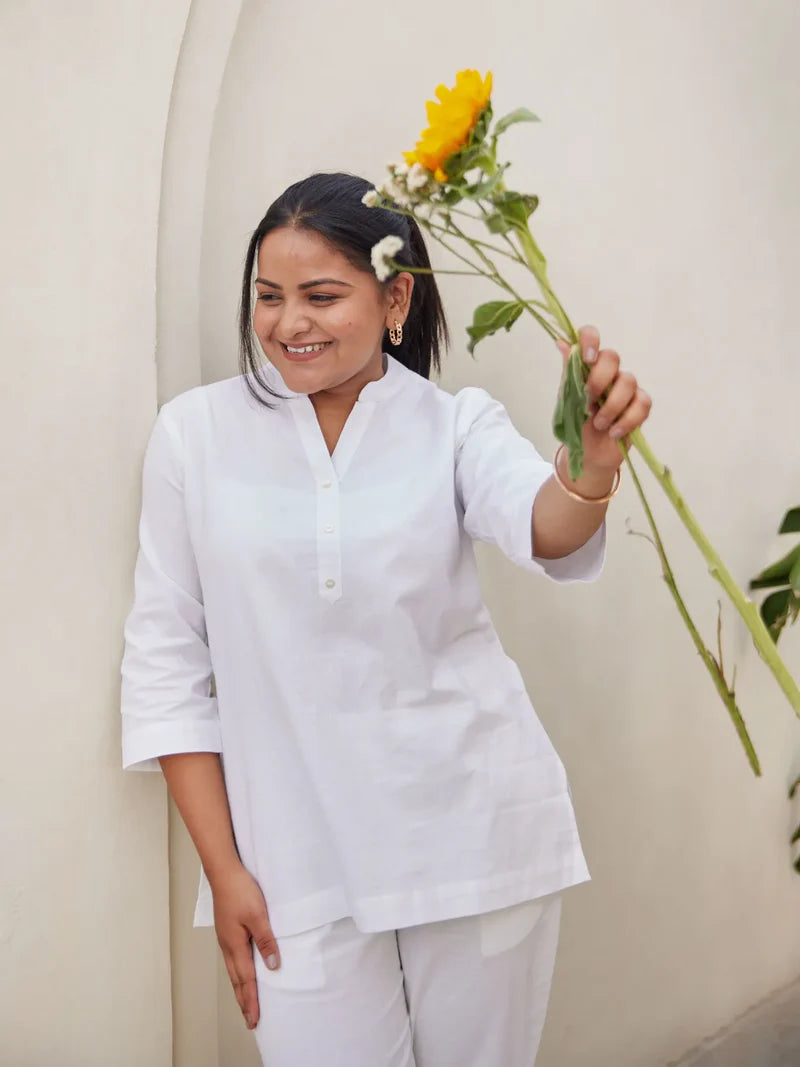 Natural White  Linen Short Kurta